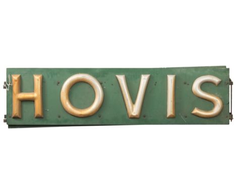 A pair of early 20th century 'Hovis' advertising signs:, each comprising five gilt letters on a green ground, united by  a st