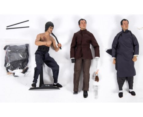 A loose 1/6th scale figure of Bruce Lee from the feature film 'Enter The Dragon':, togther with two 1/6th scale figures of 'H