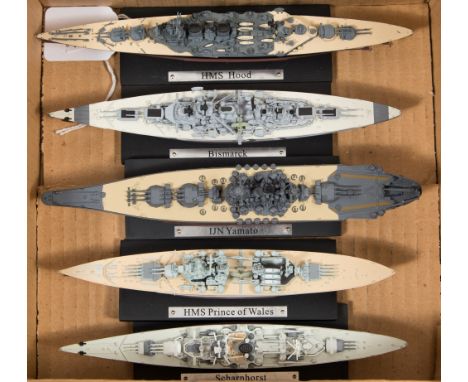A group of five diecast miniature scale models of battleships:, HMS Hood, HMS Prince of Wales, Bismark, Scharnhorst and IJN Y