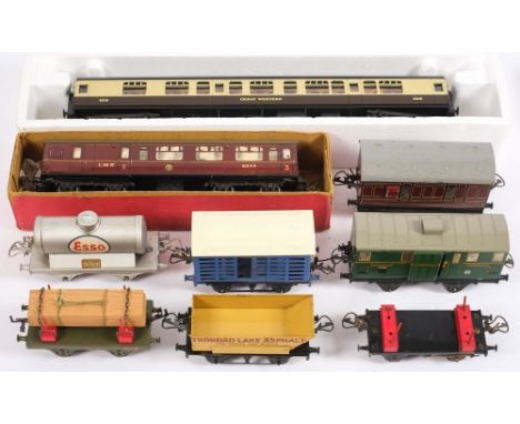Hornby, assorted O gauge rolling stock: includes No 50 Lumber Wagon, No 1 Rotary Tipping Wagon, 'Esso' Tanker Wagon, No 1 Mil