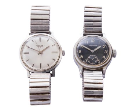 A gentleman's Longines stainless steel military issue wristwatch:, numbered 'D1261H' to back of case, the black enamel dial s