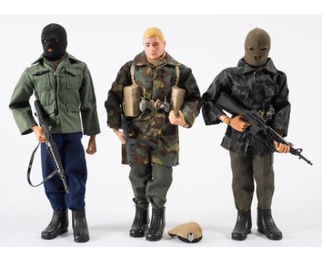 Three Action Man Figures in uniform:, one painted head in SAS uniform and two 'Eagle' eyes' figures in balaclavas (3)