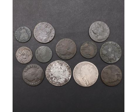 TWO WILLIAM III HALFCROWNS AND SIMILAR COPPER. William III Halfcrown, laureate and draped bust r. with B below for the Bristo