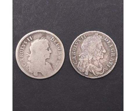TWO CHARLES II HALFCROWNS 1671 AND LATER. A CHARLES II Halfcrown, third draped and laureate bust r. Reverse with cruciform sh