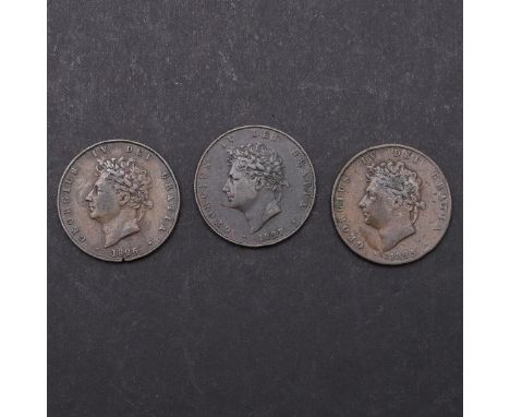 THREE GEORGE IV HALFPENNIES, 1825, 1826 AND 1827. George IV copper halfpenny, laureate head r. dated 1825, Reverse with seate