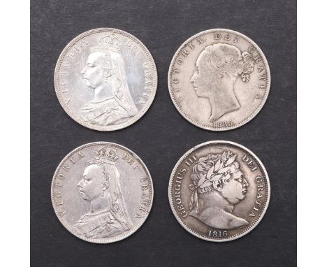 FOUR HALFCROWNS, 1816 AND LATER. George III, 'Bulls Head' bust r. above date 1816. reverse, crest within a garter. Queen Vict