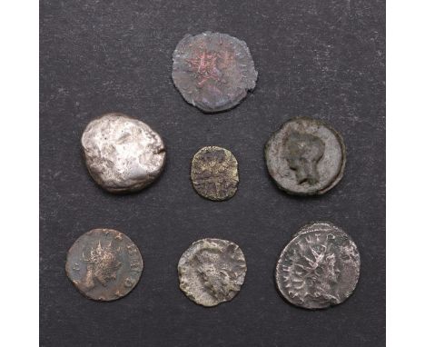 ROMAN IMPERIAL COINAGE AND OTHER ANCIENT COINS TO INCLUDE CLAUDIUS GOTHICUS, TACITUS I AND II. Four coins with label 'Found o