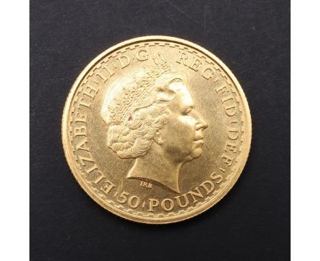 AN ELIZABETH II £50.00 GOLD BRITANNIA, 1999. A 1/2 ounce gold Britannia £50.00 coin. Crowned bust r. Reverse standing figure 