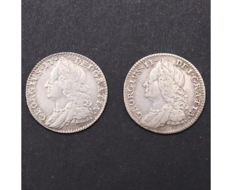 TWO GEORGE II SIXPENCE, 1757 AND 1758. A George II sixpence, old laureate and draped bust l. the reverse with plain angles an