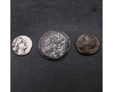 AN EGYPTIAN COIN OF PTOLEMY III (246-221 B.C.) AND TWO GREEK COINS. An Egyptian coin, Diademed head r. Reverse standing eagle