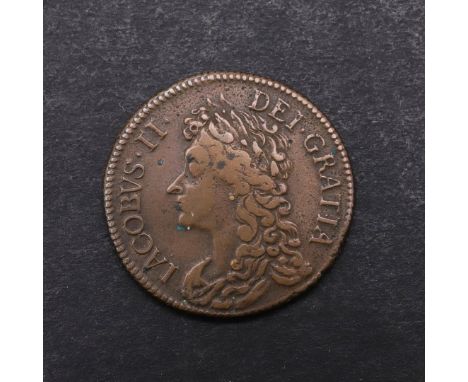 AN IRISH JAMES II 'GUNMONEY' SIXPENCE, 1689. Laureate and draped bust l. reverse with crown and sceptre beneath VI, dated Jun