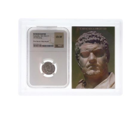 A SILVER DENARIUS OF CARACALLA 198-217 A.D. A Roman Imperial Denarius of Caracalla, laureate bust r. ANTONINUS PIUS AUG BR II