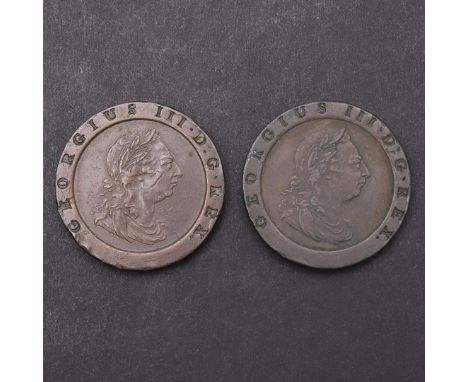 TWO GEORGE III CARTWHEEL TWOPENCE, 1797. Two George III copper cartwheel twopence, Soho Mint, laureate bust r. Reverse with s