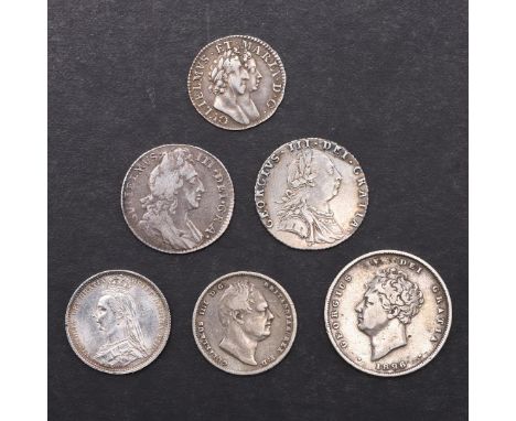 A WILLIAM AND MARY THREE PENCE, 1689, AND OTHER SMALL SILVER. William and Mary, conjoined busts r. reverse with crown above 3