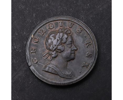 A GEORGE I COPPER HALFPENNY, DUMP ISSUE, 1717. A George I halfpenny, dump issue, laureate bust r. reverse seated figure of Br