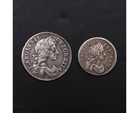 A CHARLES II FOURPENCE AND SIMILAR TWOPENCE. A Charles II fourpence, laureate bust r. Reverse with four interlaced Cs, dated 