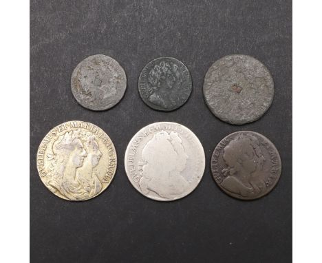 TWO WILLIAM AND MARY HALFCROWNS, 1689 AND 1692 AND OTHERS TO INCLUDE TIN ISSUES. A William and Mary Halfcrown, double portrai