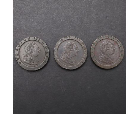 THREE GEORGE III CARTWHEEL TWO PENCE, 1797. A George III Twopence, Soho mint 'Cartwheel' issue, dated 1797, and two similar c