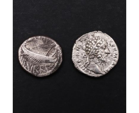 A ROMAN IMPERIAL DENARIUS OF MARCUS AURELIUS (161-180) AND ANOTHER. bearded portrait r. M. ANTONINUS AUG GERM SARM Reverse st