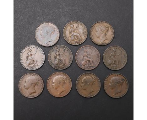 A PARTIAL DATE RUN OF EARLY VICTORIAN COPPER PENNIES, 1845 - 1859. Victorian Copper pennies, young bust l. Reverse with seate