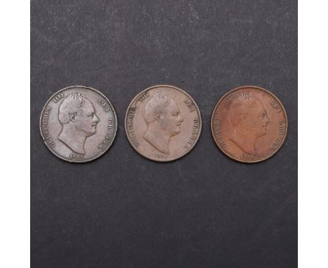 THREE WILLIAM IV PENNIES, 1831, 1834 AND 1837. William IV copper penny, bare head r. dated 1831, Reverse with seated figure o