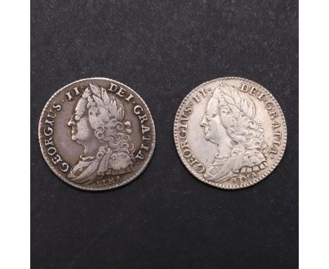 TWO GEORGE II LIMA SIXPENCE, 1745 AND 1746. A George II sixpence, old laureate and draped bust l. with Lima below, the revers