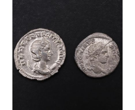 A ROMAN IMPERIAL DENARIUS OF CARACALLA (ANTONINUS) (198-217) AND ANOTHER. Portrait r. within ANTONINUS PIUS AUG, Reverse  sta