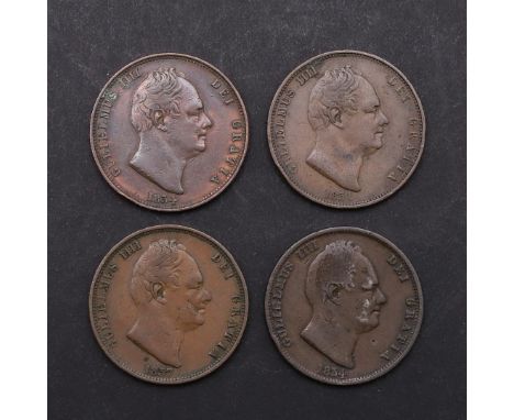 FOUR WILLIAM IV HALFPENNIES, 1831, 1834 AND 1837. William IV copper halfpenny, bare head r. dated 1831, Reverse with seated f