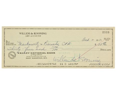* De Kooning (Willem, 1904-1997). Signed cheque, 11 October 1971, printed cheque drawn on De Kooning's Art account at the Val