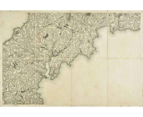 Cornwall. Mudge (Lt Col.), Ordnance Survey map of Cornwall, 1813, five engraved sheets with sparse contemporary outline colou