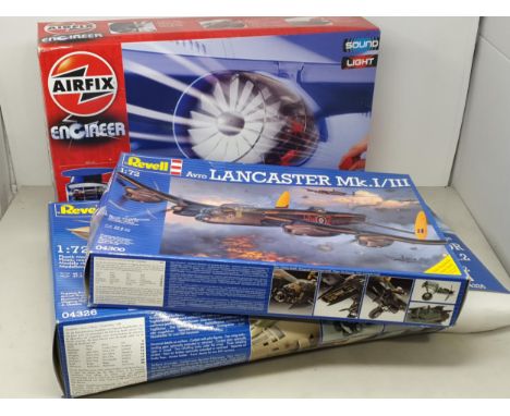 Seven plastic Kits including Airfix 1:72 Harrier, HobbyBros Me262A, Airfix Short Sunderland, Revell Avro Lancaster, Revell Vi