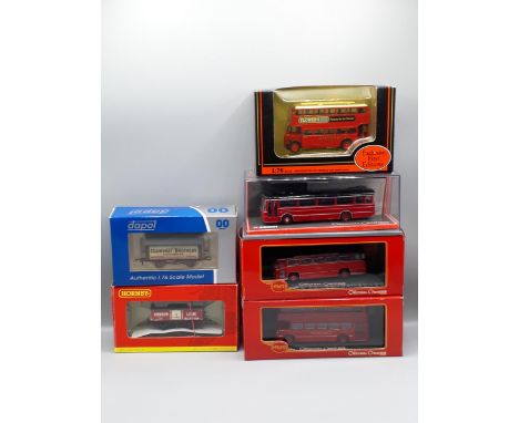 A boxed Hornby 00 gauge Lime Wagon, a boxed Dapol Lime Wagon, three boxed Original Omnibus 1:76 scale Models and a boxed Excl