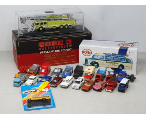 A tray of Matchbox Models, a boxed Code limited edition Chicago Fire Department Platform Ladder Truck and a boxed Matchbox Di