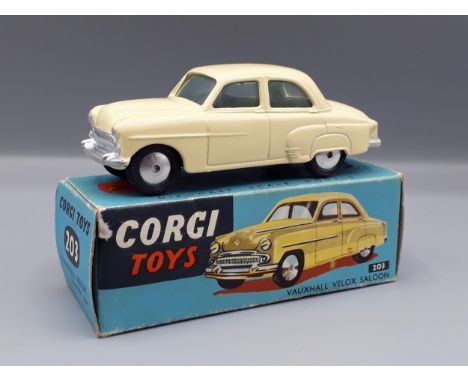 A boxed Corgi Toys cream Vauxhall Velox Saloon with leaflet, Nr M-M, box E 