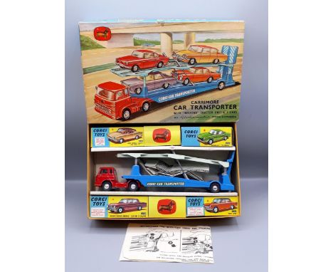 A boxed Corgi Toys Gift Set 28 Carrimore Car Transporter with four Cars. The cars are all illustrated on the box lid and the 