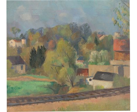 (See English version below)Dorf mit Bahngleisen. 1923/41Öl auf Leinwand.  46&nbsp;×&nbsp;51,3&nbsp;cm ( 18&nbsp;⅛&nbsp;×&nbsp