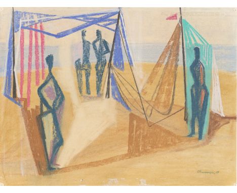 (See English version below)„Strandszene“. 1951Pastellkreide und Deckweiß auf Papier.  39,8&nbsp;×&nbsp;52,4&nbsp;cm ( 15&nbsp