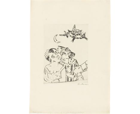 (See English version below)„König Jerum, Königin Würgipumpa, Ursulus und die fliegende Kirche“. 1923Kaltnadel auf Bütten.  19