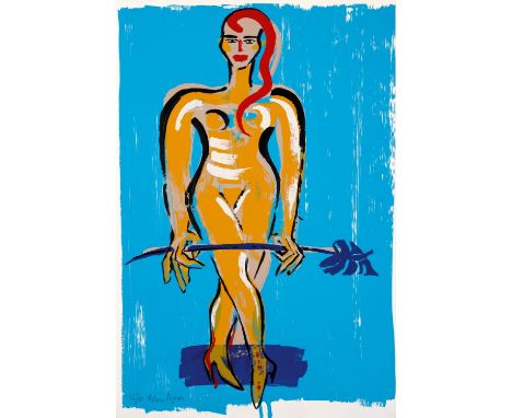 (See English version below)Stehender weiblicher Akt mit Anthurie. Farblithografie auf Papier.  106,5&nbsp;×&nbsp;72&nbsp;cm (