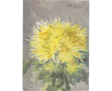(See English version below)Gelbe Chrysanthemen. Öl auf Hartfaser.  33&nbsp;×&nbsp;24&nbsp;cm ( 13&nbsp;×&nbsp;9 ½&nbsp;in.). 