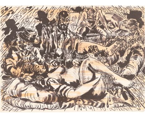 (See English version below)„Geburt des Malers“. 1992Farblithografie auf Arches-Velin.  56,1&nbsp;×&nbsp;75,7&nbsp;cm ( 22&nbs