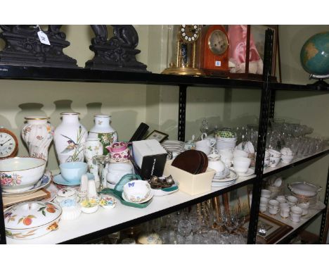 Collection of decorative porcelain, mantel clock, part teawares, glass, cased doll, prints, etc.