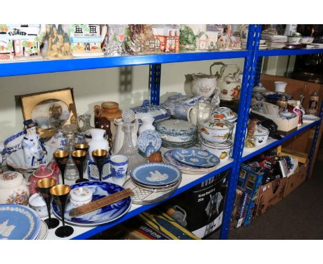 Collection of decorative porcelain, decanter, FDCs, carriage clock, steins, etc.