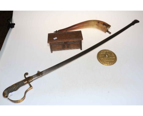 WWI Artillery Officers sword and scabbard, powder horn, oak cigarette box and brass safe keyhole plate (4).