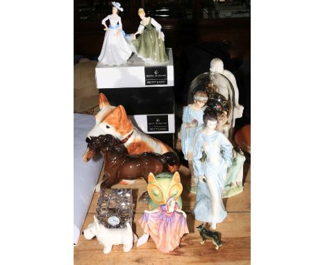 Royal Doulton figurines, Wedgwood 'Adoration', Sylvac Terrier, Waterford clock, carriage clock, etc.