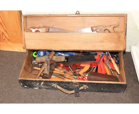 Joiners tool box and tools including two planes, chisels, saws, etc.