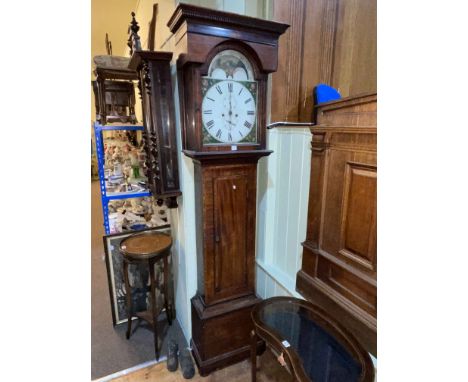 Antique mahogany and chequer inlaid eight day longcase clock having arched painted moon phase dial, 214cm.