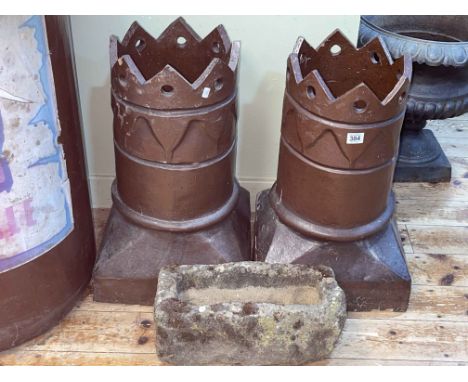 Pair salt glazed crown top chimney pots, 54cm, together with a small weathered garden trough, 16cm by 37cm by 15cm.