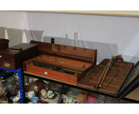 Victorian cash drawer, boxed telescope and stand, wall coat rack, five walking canes and a print tray.
