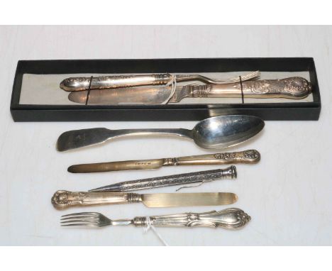 Silver handled knife and fork, two small silver knives and fork, George IV Irish silver spoon, Dublin 1820, and pencil.